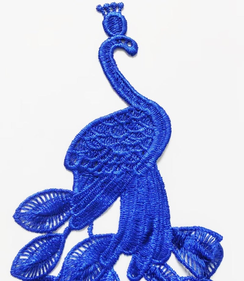 Ruinuo 2pc Lace Peacock Applique Patches Sew on Peafowl Patches Embroidery Appliques for Sewing Wedding Dress Blue - Image 1